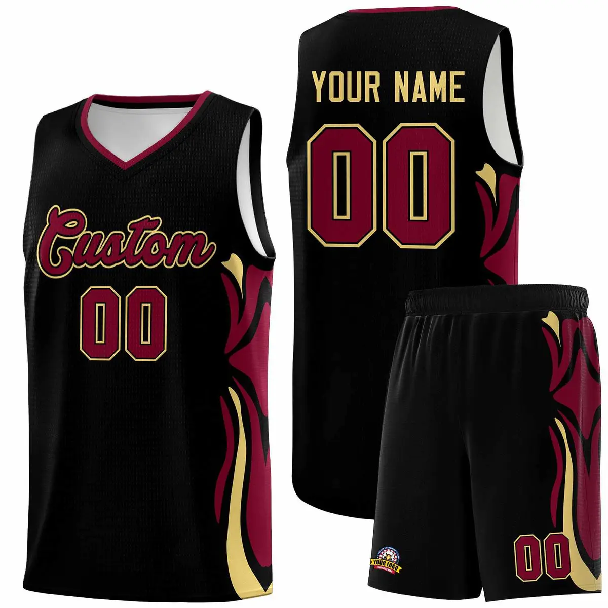 Black Crimson-Khaki Graffiti Side Curve Pattern Basketball Jersey Set
