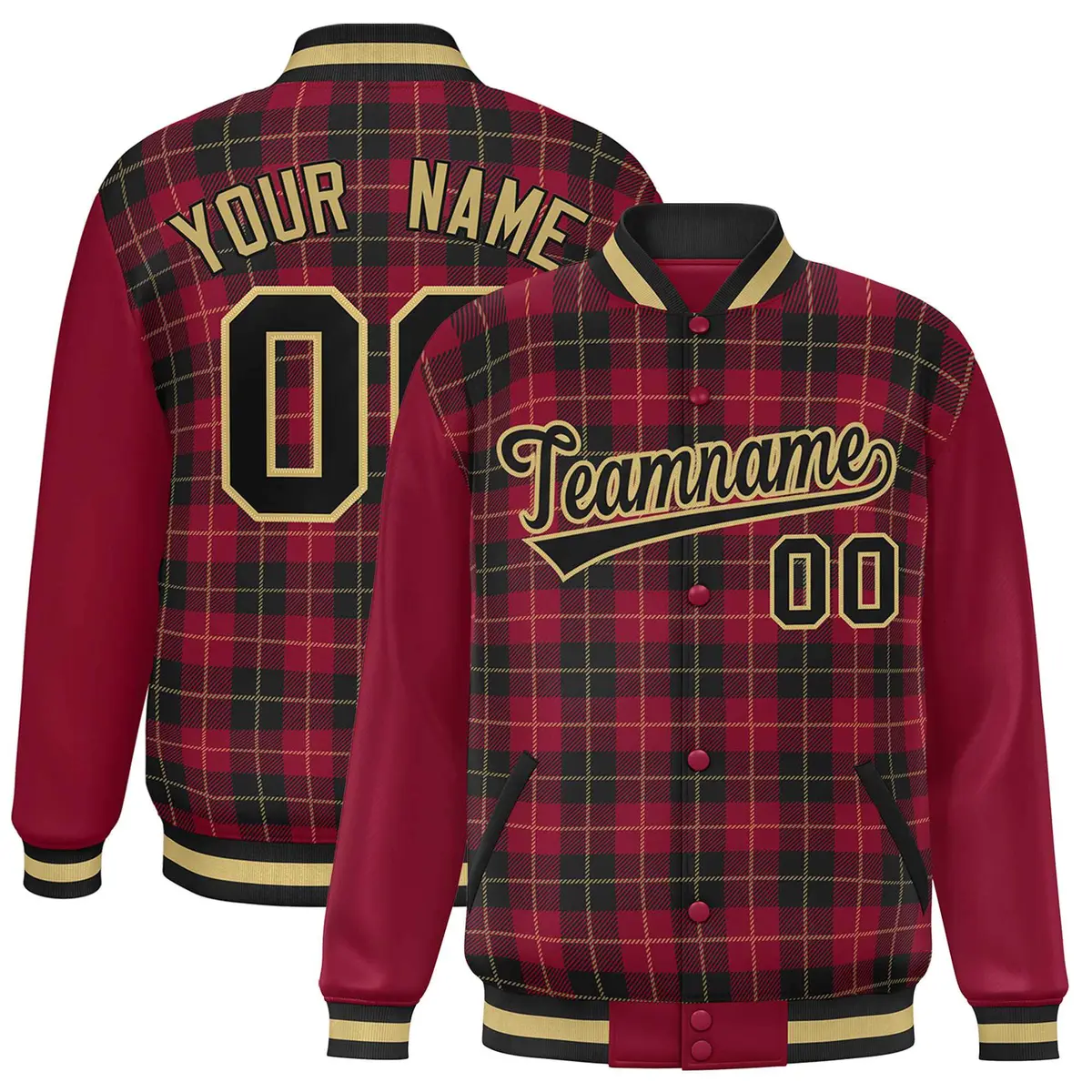 Black Crimson-Khaki Plaid Varsity Full-Snap Letterman Baseball Jacket