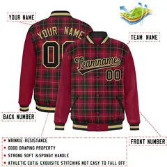 Black Crimson-Khaki Plaid Varsity Full-Snap Letterman Baseball Jacket 2