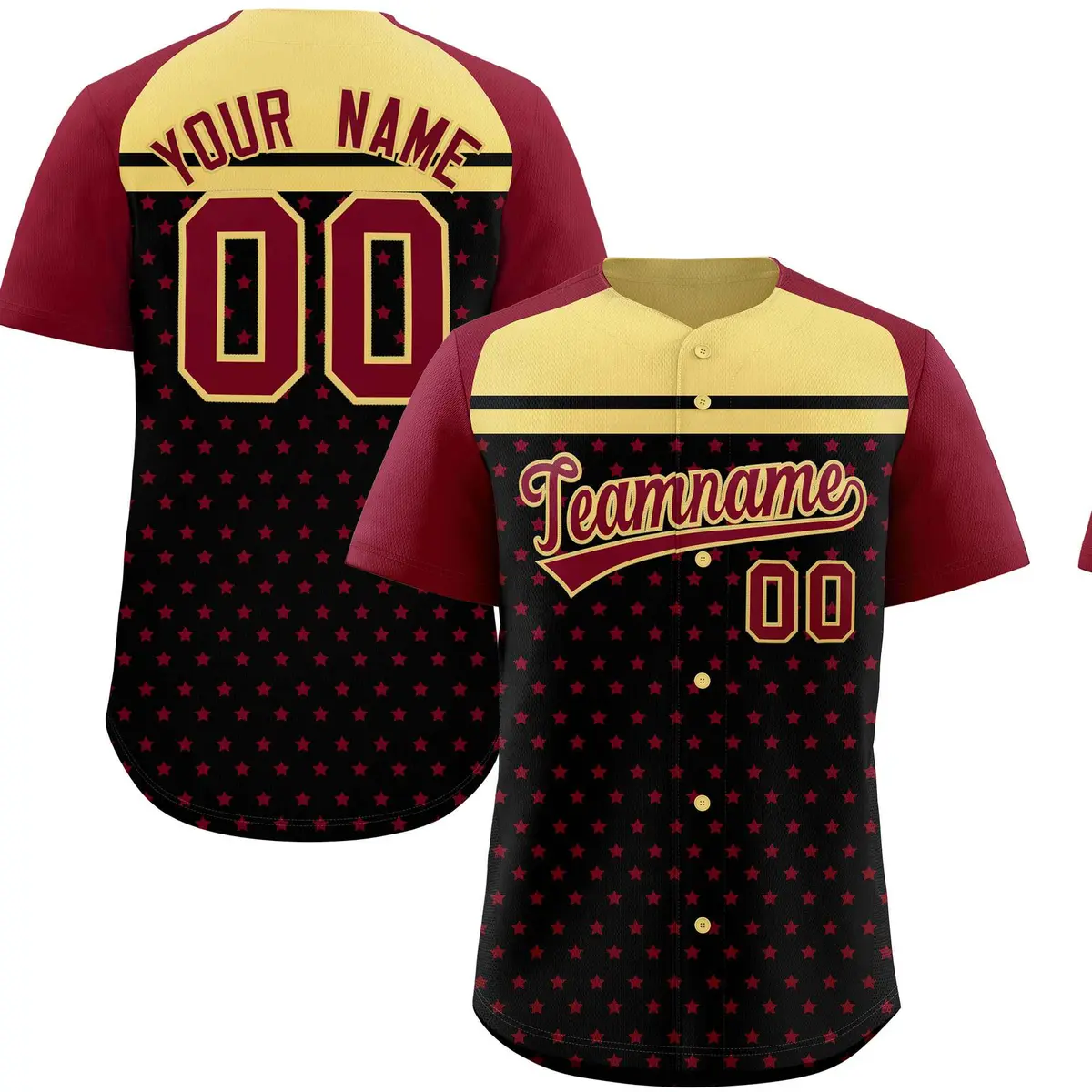 Black Crimson-Khaki Raglan Sleeve Star Print Baseball Jersey