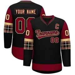 Black Crimson-Khaki Raglan Sleeves V-Neck Hockey Jersey