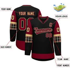 Black Crimson-Khaki Raglan Sleeves V-Neck Hockey Jersey 2