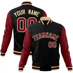 Black Crimson-Khaki Raglan Sleeves Varsity Full-Snap Letterman Jacket