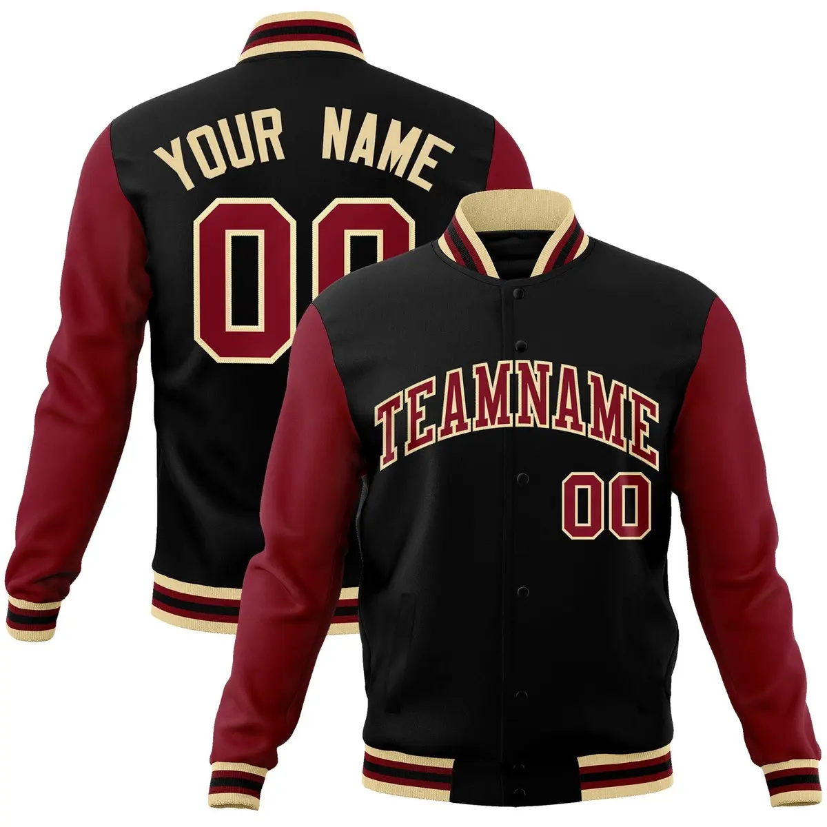 Black Crimson-Khaki Raglan Sleeves Varsity Full-Snap Letterman Jacket