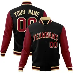 Black Crimson-Khaki Raglan Sleeves Varsity Full-Snap Letterman Jacket