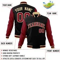 Black Crimson-Khaki Raglan Sleeves Varsity Full-Snap Letterman Jacket 5