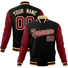 Black Crimson-Khaki Raglan Sleeves Varsity Full-Snap Letterman Jacket 1
