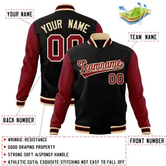 Black Crimson-Khaki Raglan Sleeves Varsity Full-Snap Letterman Jacket 4