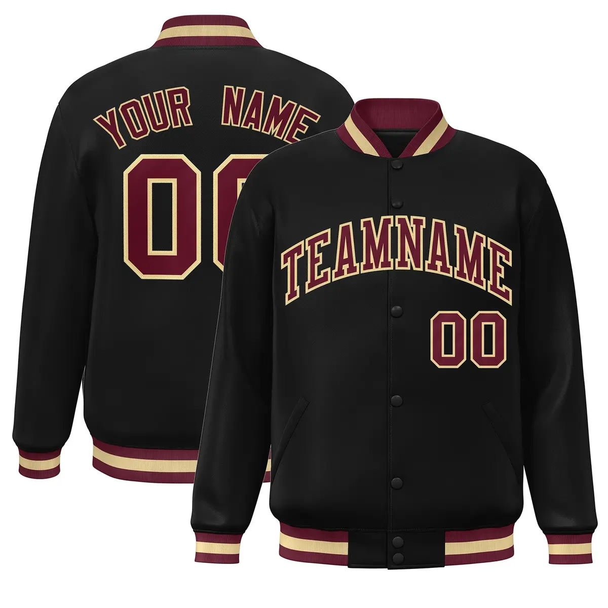 Black Crimson-Khaki Varsity Full-Snap Letterman Jacket
