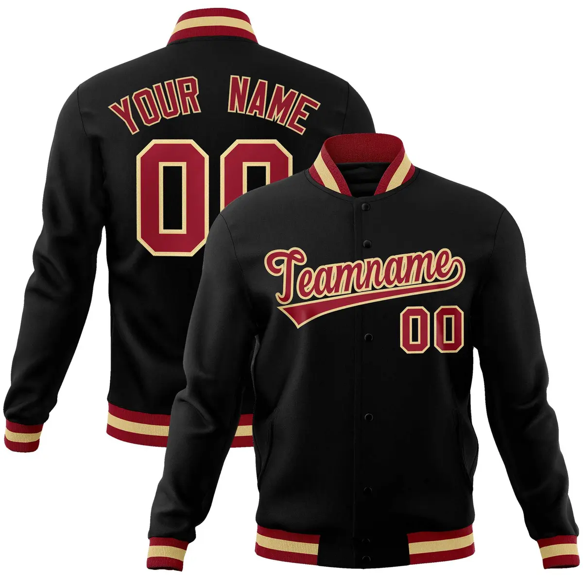 Black Crimson-Khaki Varsity Full-Snap Letterman Jacket