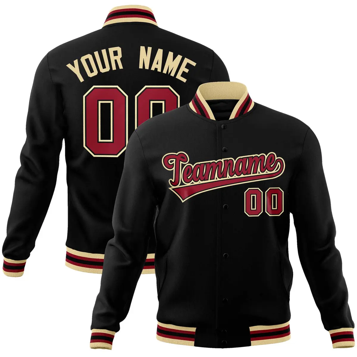 Black Crimson-Khaki Varsity Full-Snap Letterman Jacket