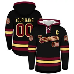 Black Crimson Lace-Up Neck Hockey Hoodie Classic Style 1