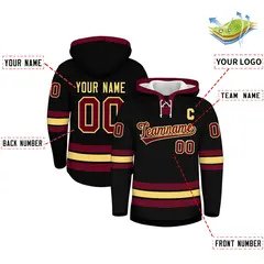 Black Crimson Lace-Up Neck Hockey Hoodie Classic Style 2
