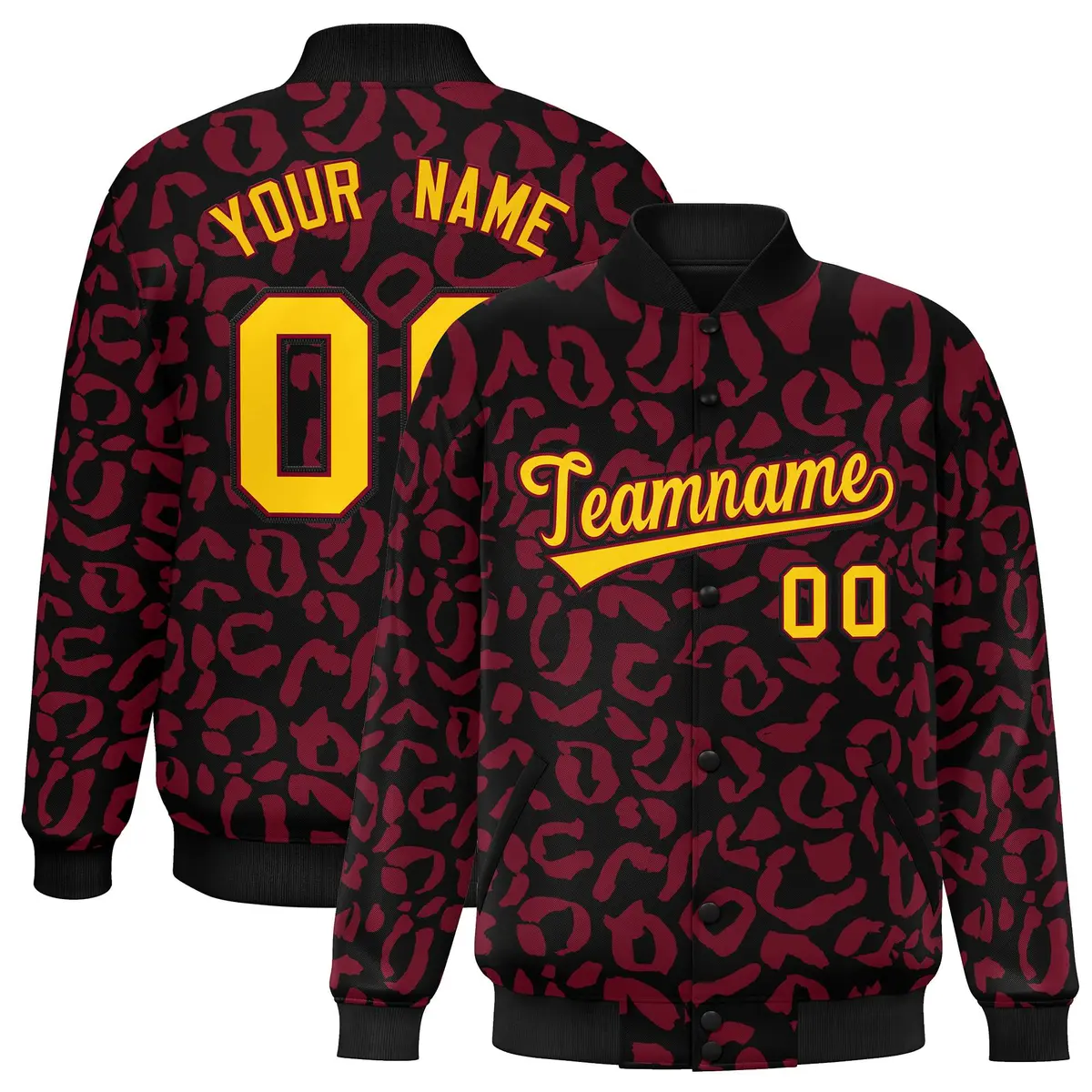 Black Crimson Leopard Graffiti Varsity Letterman Baseball Jacket