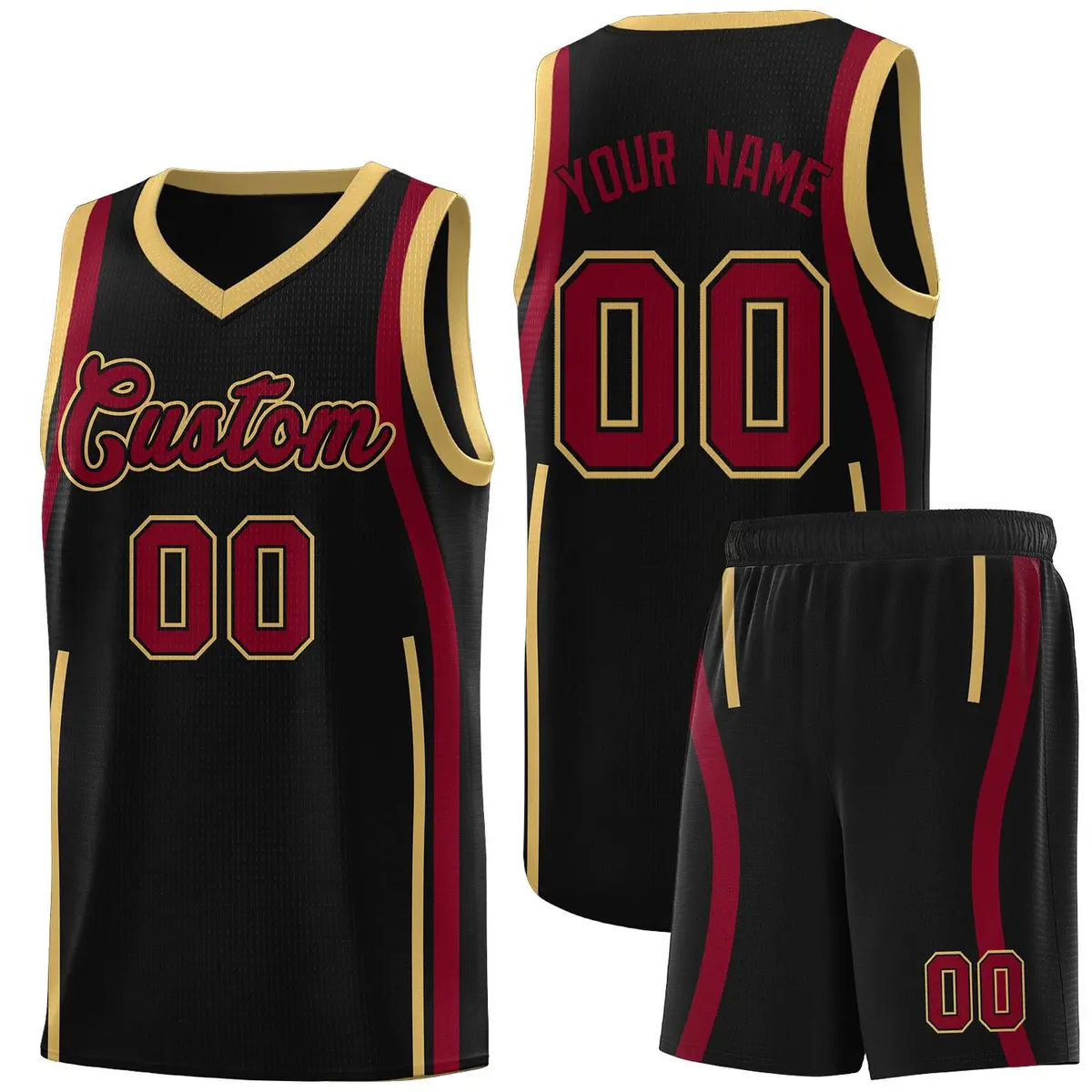 Black Crimson-Old Gold Ribbon Pattern Basketball Kits