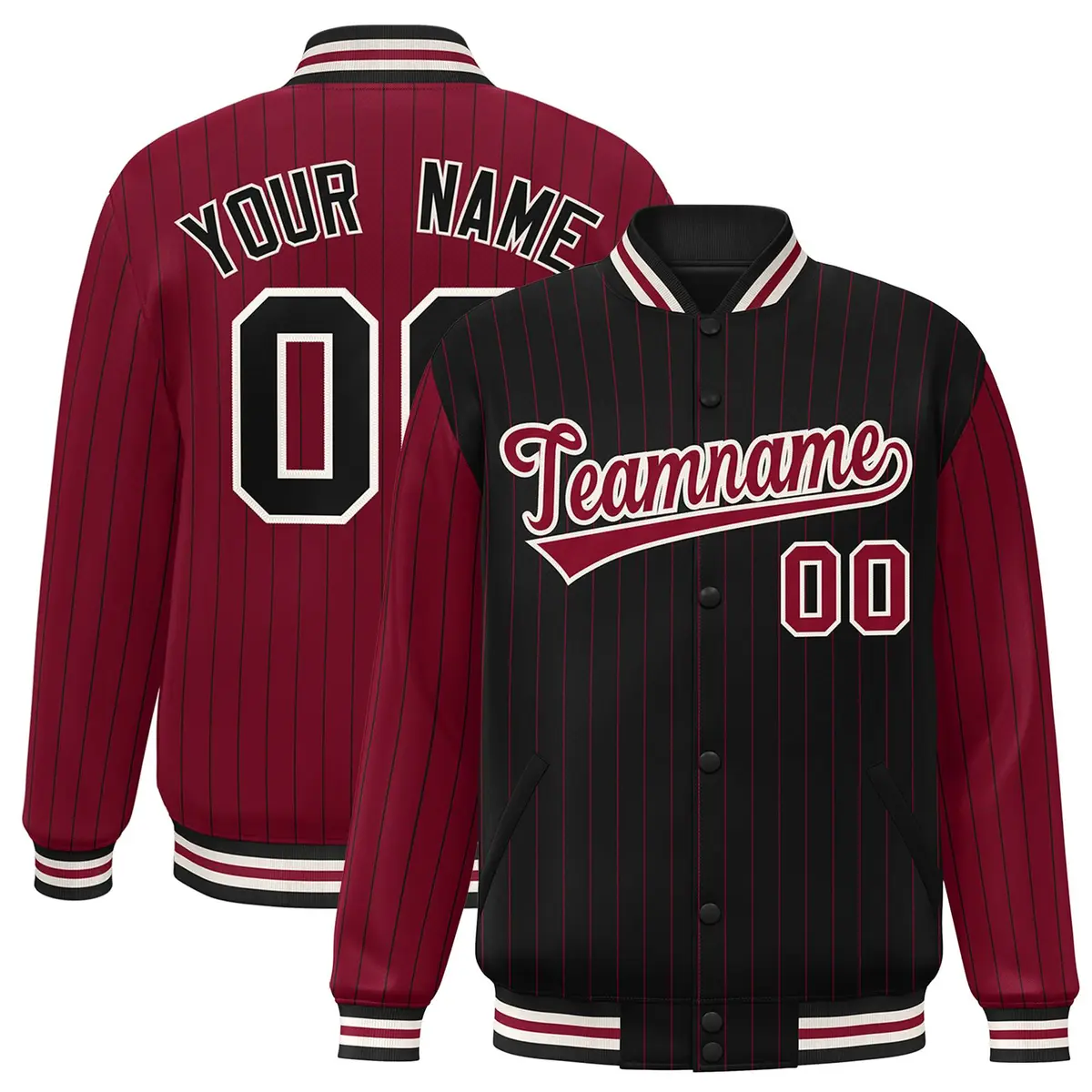Black Crimson Pinstripe Raglan Varsity Letterman Jacket