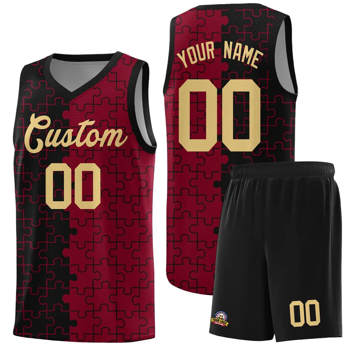 Black Crimson Puzzle Pattern Splid Basketball Kits