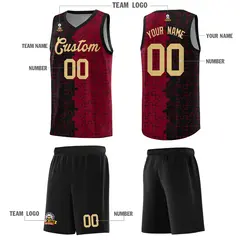 Black Crimson Puzzle Pattern Splid Basketball Kits 5