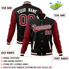 Black Crimson Raglan Full-Snap Varsity Letterman Jacket 4