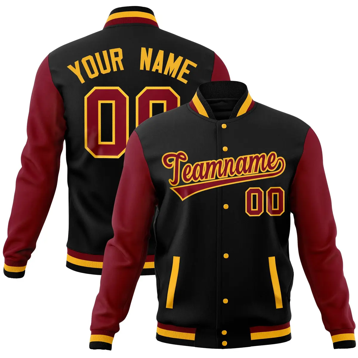 Black Crimson Raglan Full-Snap Varsity Letterman Jacket