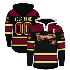 Black Crimson Raglan Lace-Up Neck Hockey Hoodie Jersey