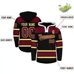 Black Crimson Raglan Lace-Up Neck Hockey Hoodie Jersey 2