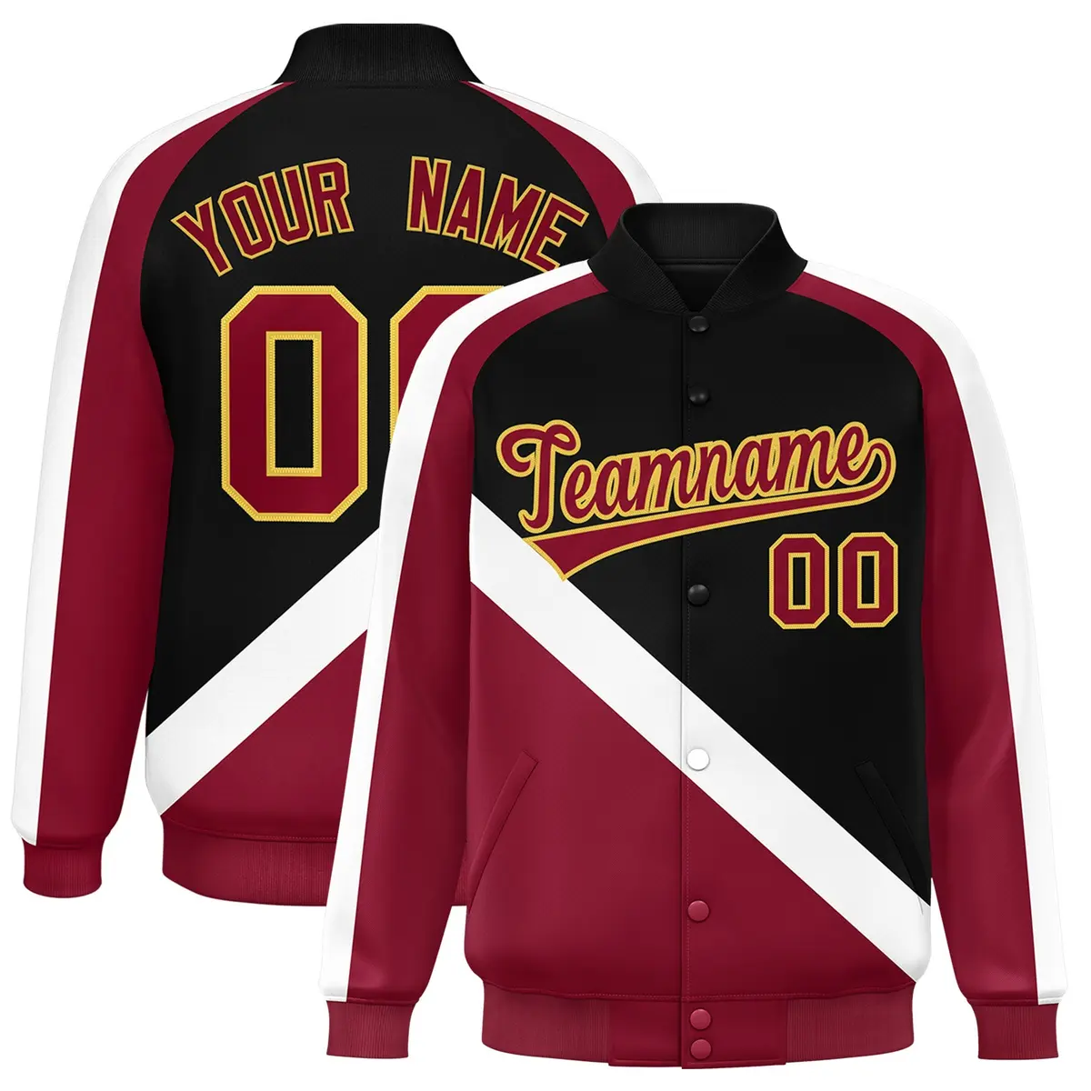 Black Crimson Raglan Varsity Full-Snap Letterman Baseball Jacket
