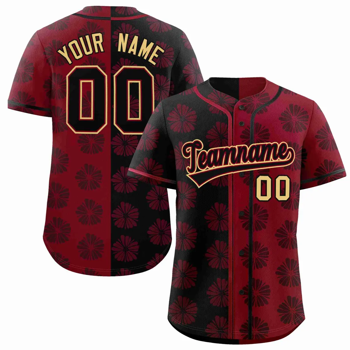 Black Crimson Split Flower Graffiti Baseball Jersey