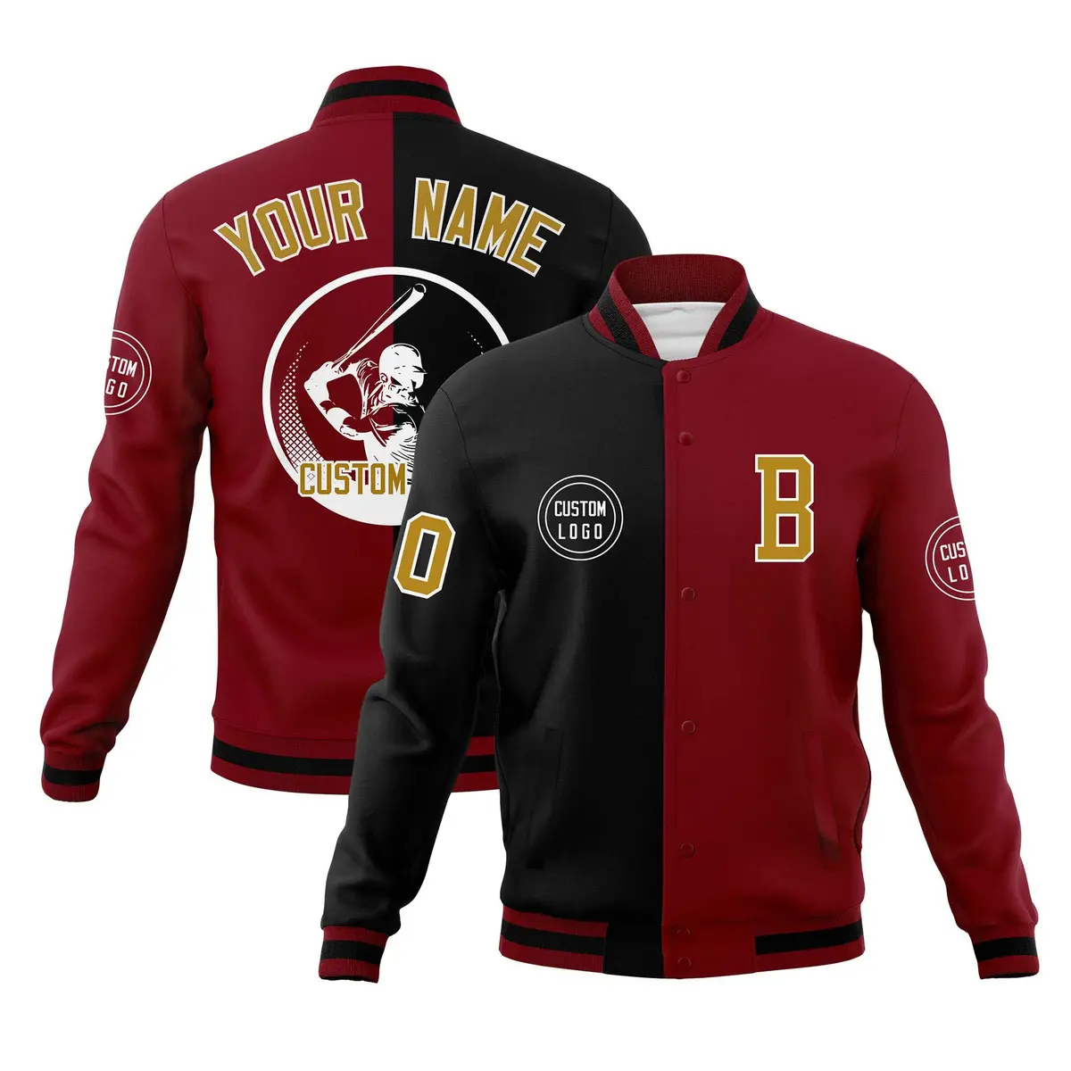 Black Crimson Split Letterman Varsity Full-Snap Baseball Jacket