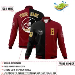 Black Crimson Split Letterman Varsity Full-Snap Baseball Jacket 4