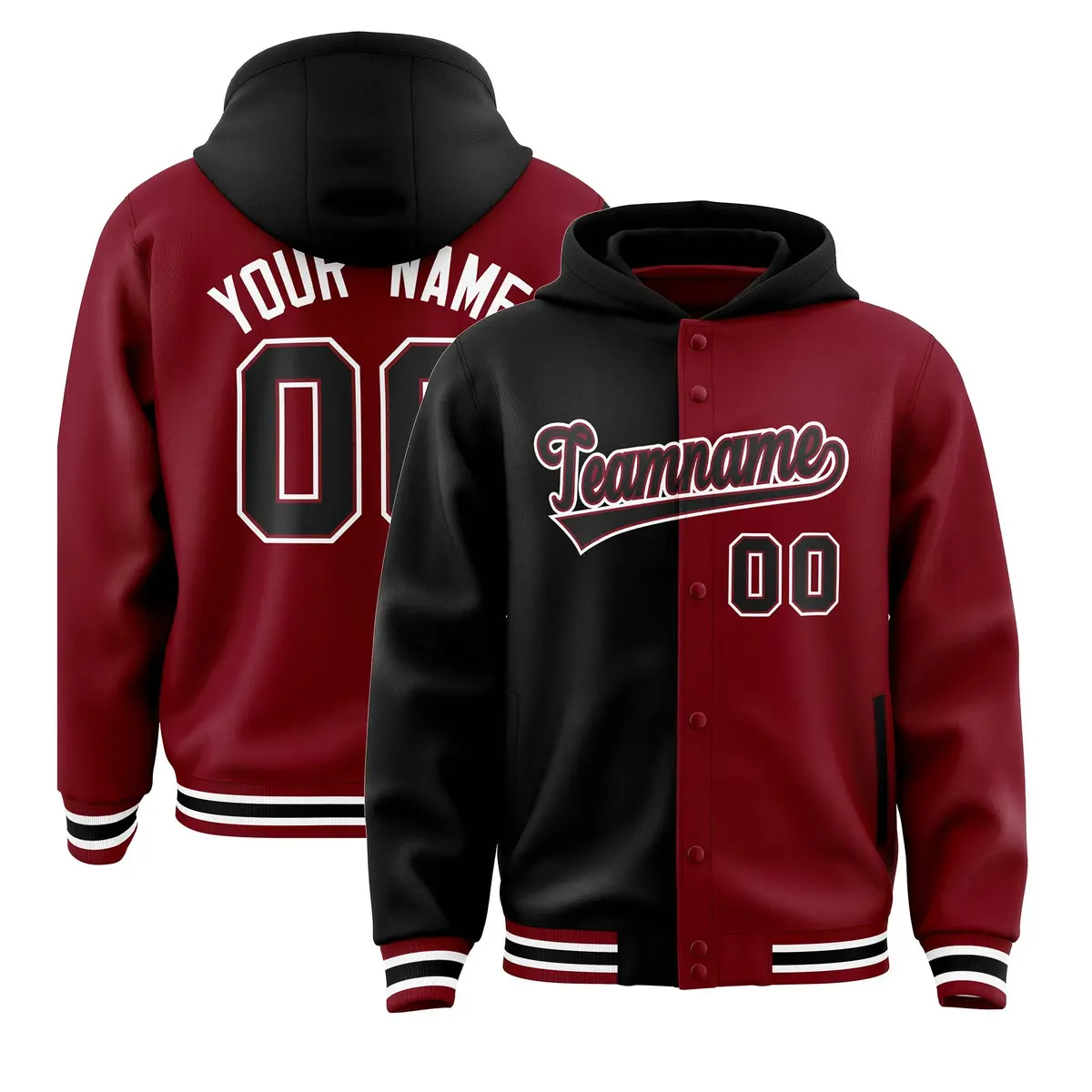 Black Crimson Two Tone Split Varsity Full-Snap Letterman Jacket Hoodie