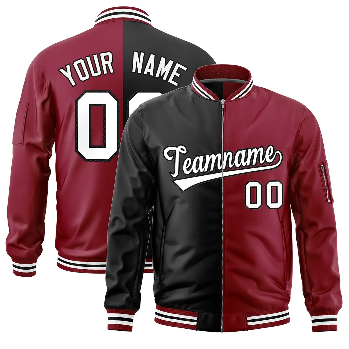Black Crimson Two Tone Split Varsity Letterman Bomber Jacket