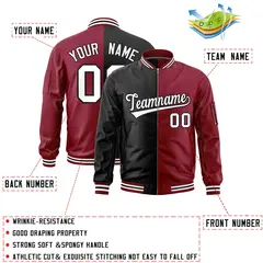 Black Crimson Two Tone Split Varsity Letterman Bomber Jacket 2