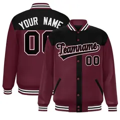 Black Crimson Varsity Baseball Color Block Bomber Jacket