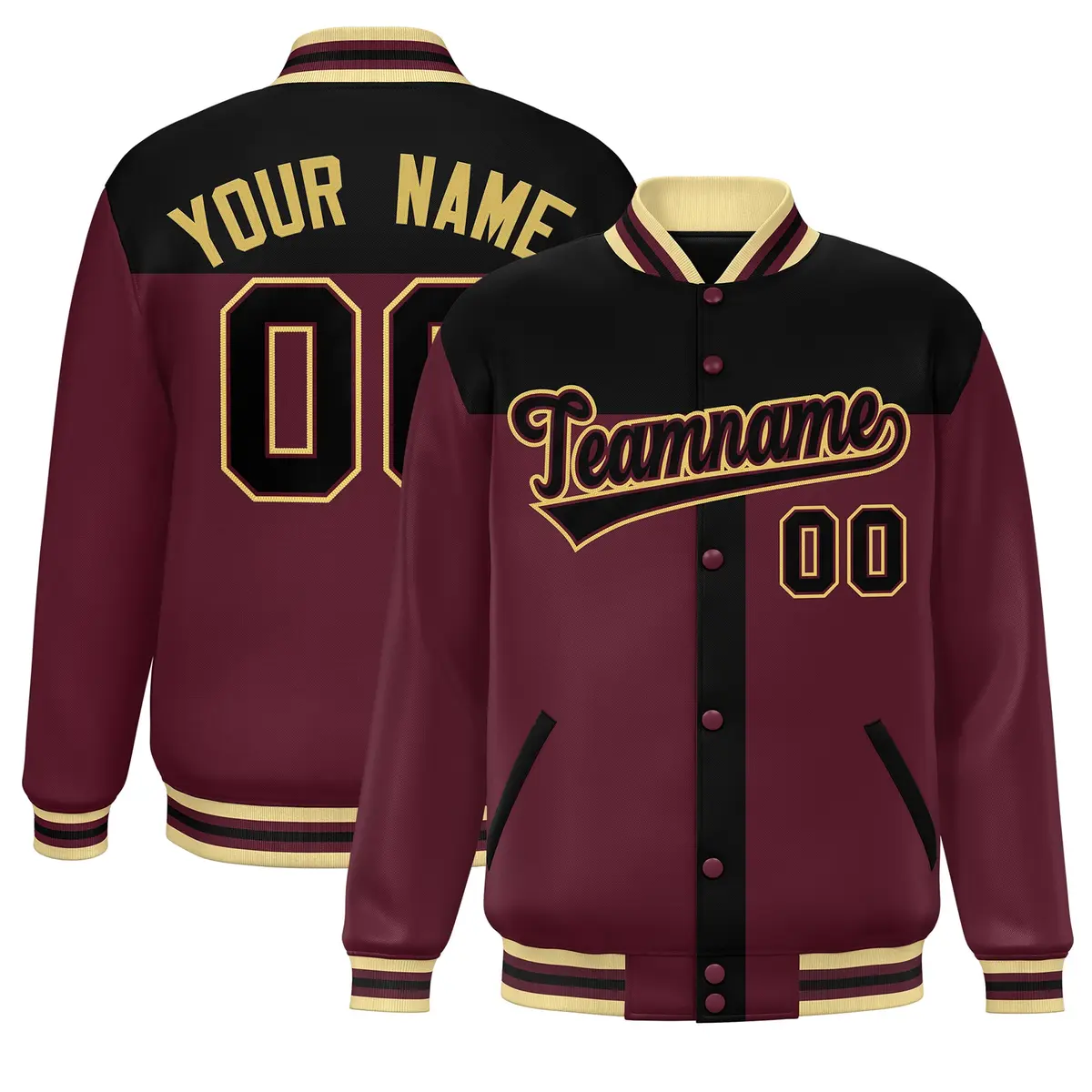 Black Crimson Varsity Baseball Color Block Bomber Jacket