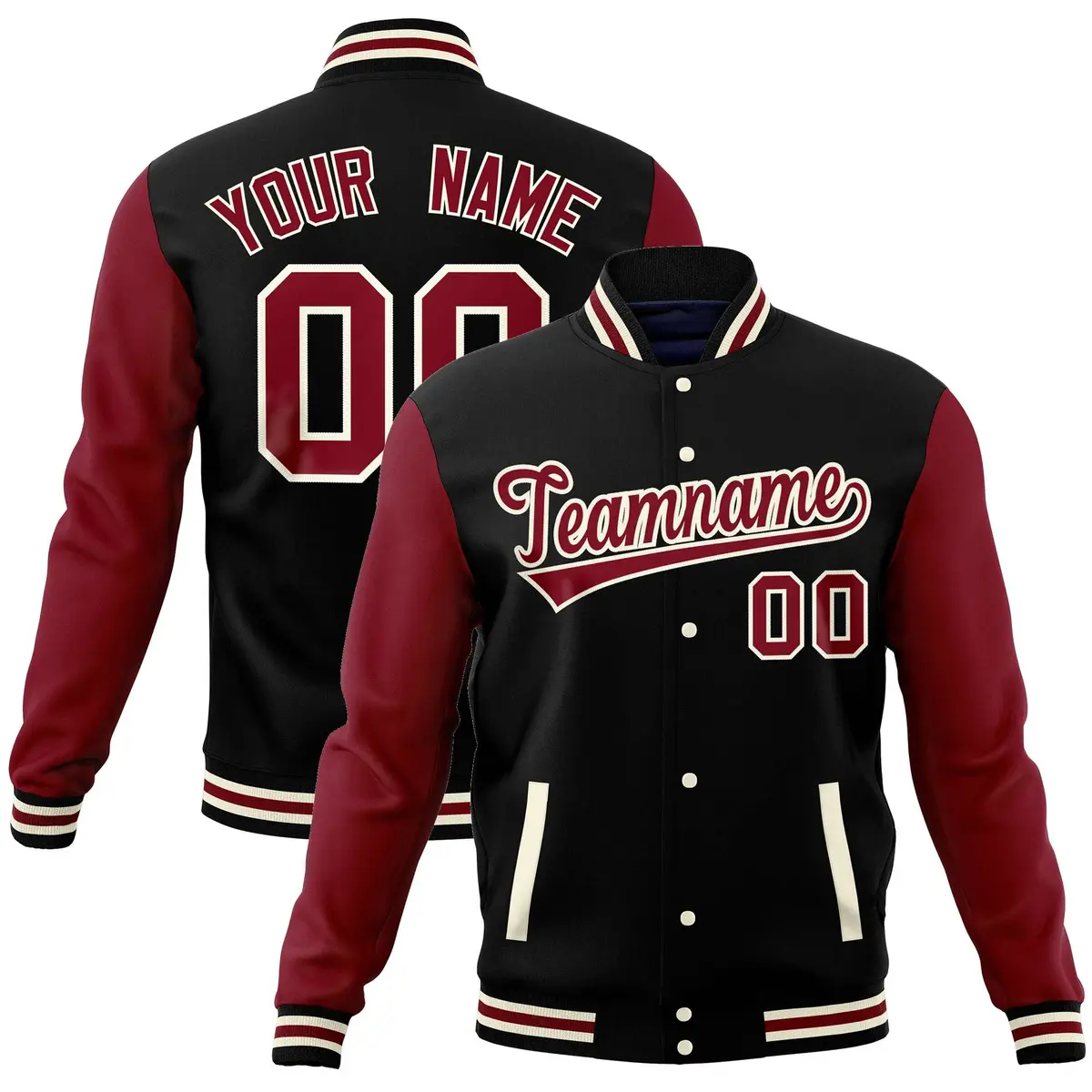 Black Crimson Varsity Raglan Sleeves Letterman Baseball Jacket