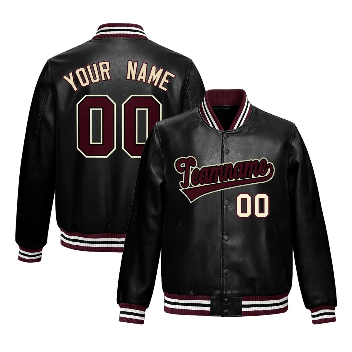 Black Crimson White Full-Snap Faux Leather Letterman Jacket