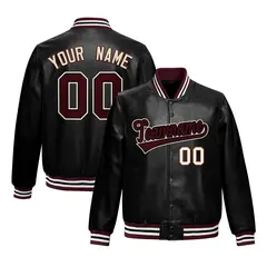 Black Crimson White Full-Snap Faux Leather Letterman Jacket 1