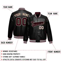 Black Crimson White Full-Snap Faux Leather Letterman Jacket 2