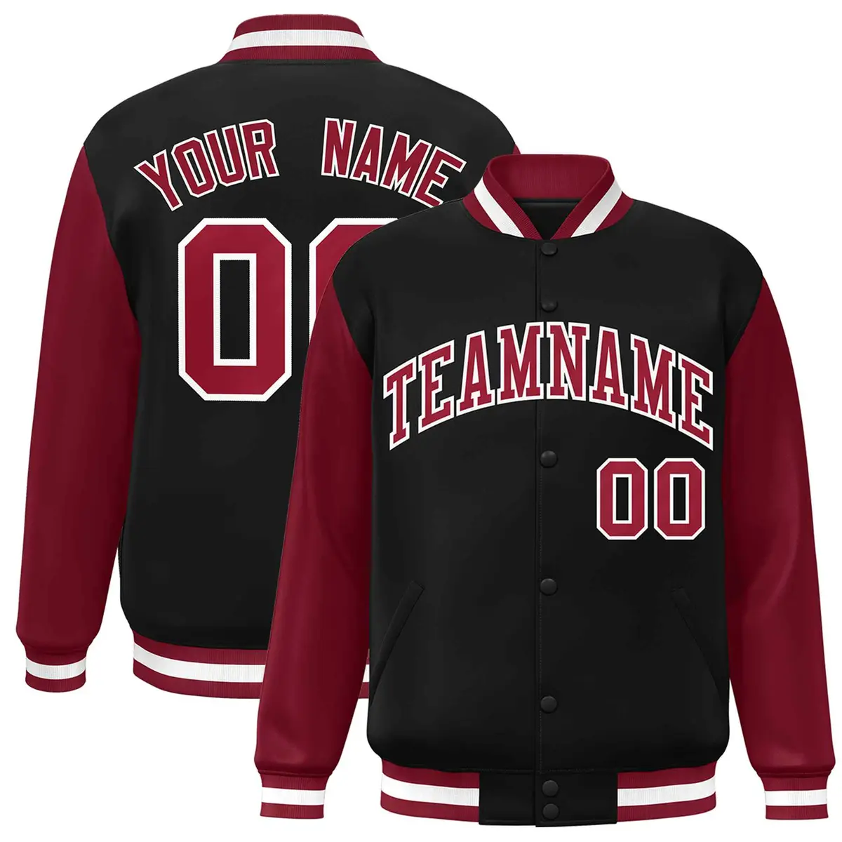 Black Crimson-White Raglan Sleeves Varsity Full-Snap Letterman Jacket