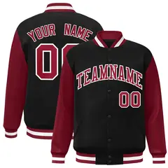 Black Crimson-White Raglan Sleeves Varsity Full-Snap Letterman Jacket