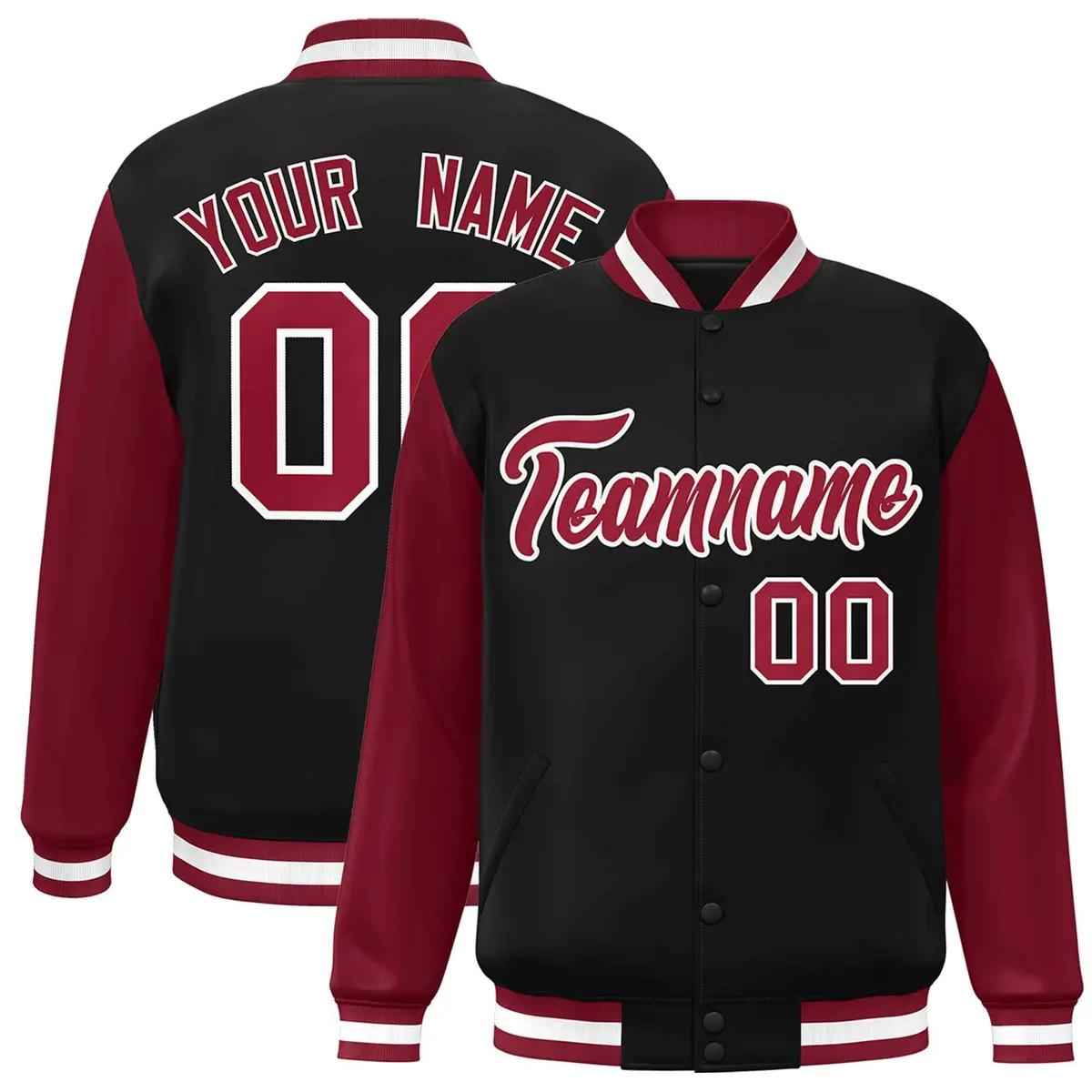Black Crimson-White Raglan Sleeves Varsity Full-Snap Letterman Jacket
