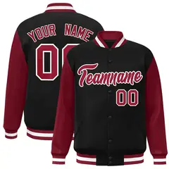 Black Crimson-White Raglan Sleeves Varsity Full-Snap Letterman Jacket