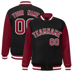 Black Crimson-White Raglan Sleeves Varsity Full-Snap Letterman Jacket 1