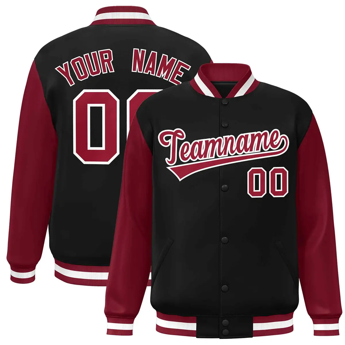 Black Crimson-White Raglan Sleeves Varsity Full-Snap Letterman Jacket