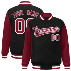 Black Crimson-White Raglan Sleeves Varsity Full-Snap Letterman Jacket 1