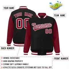 Black Crimson-White Raglan Sleeves Varsity Full-Snap Letterman Jacket 2