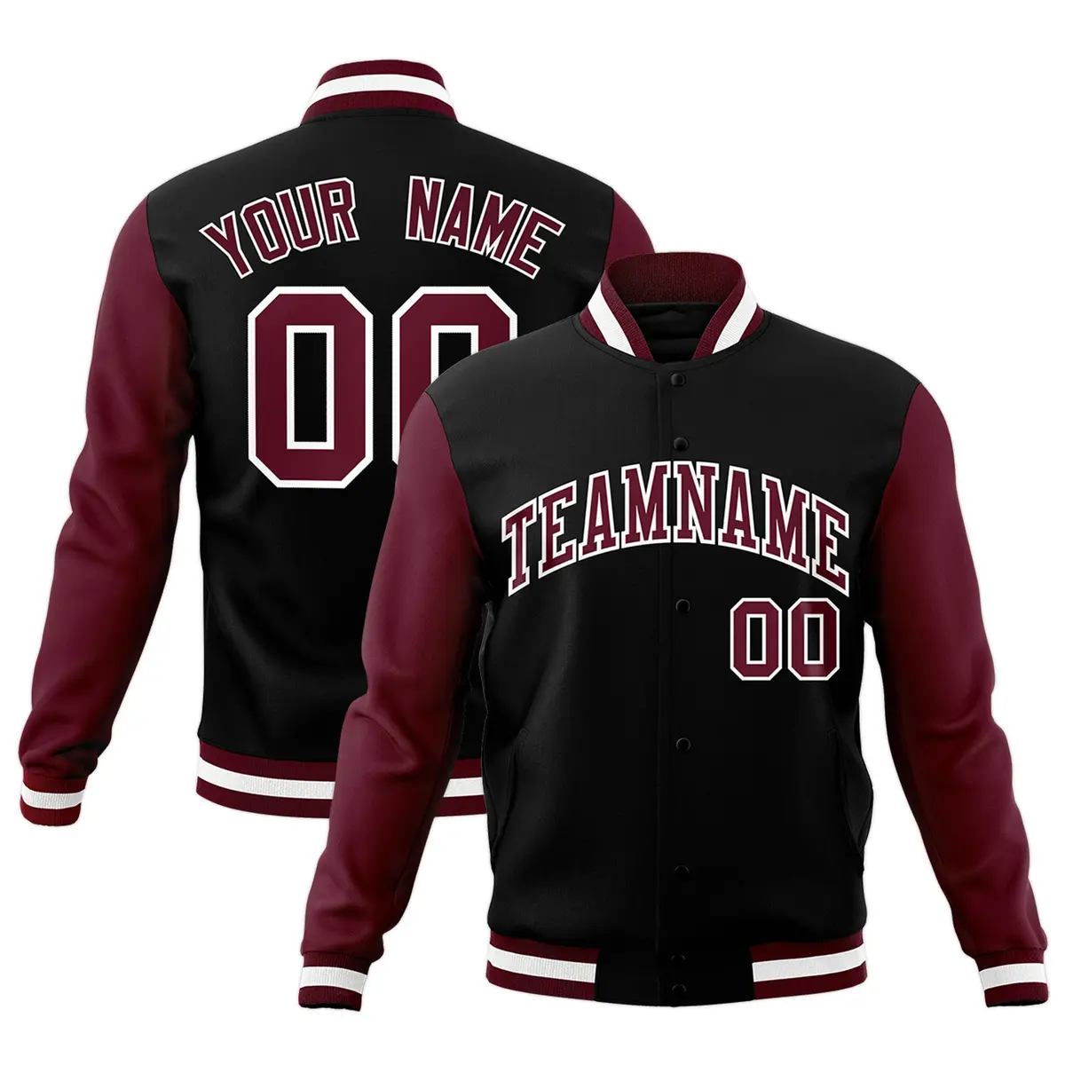 Black Crimson-White Raglan Sleeves Varsity Full-Snap Letterman Jacket