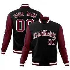 Black Crimson-White Raglan Sleeves Varsity Full-Snap Letterman Jacket