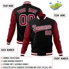 Black Crimson-White Raglan Sleeves Varsity Full-Snap Letterman Jacket 4